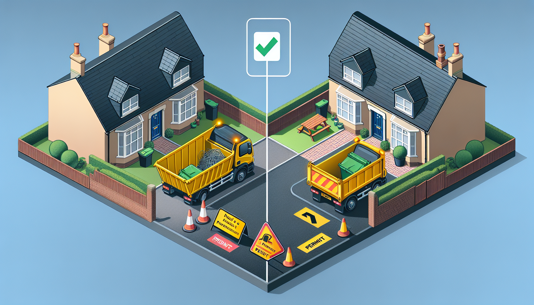 Illustration comparing skip on driveway (no permit needed) versus skip on road (permit required)